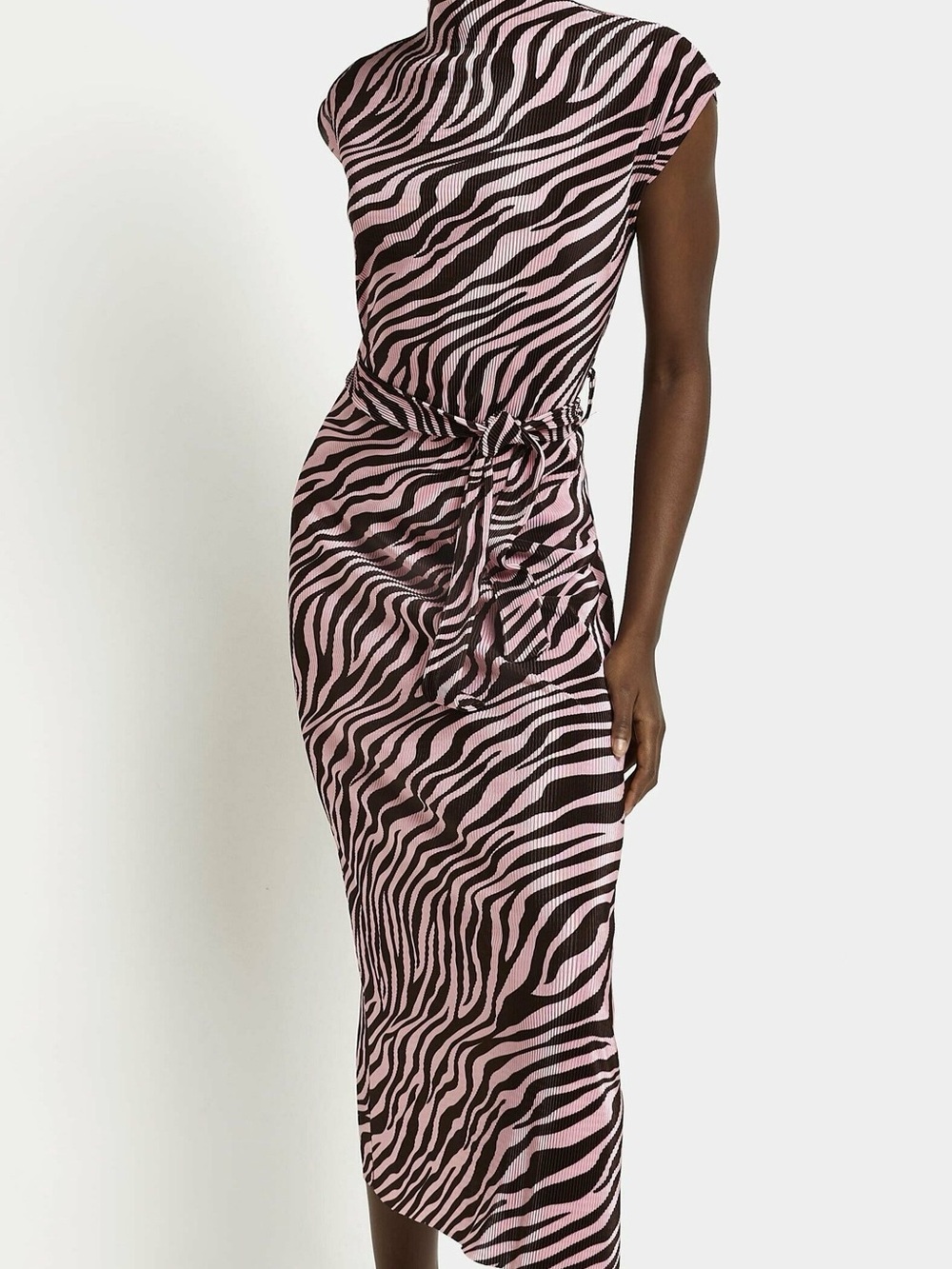 River Island Pink and Black Zebra Print Midi Dress with Tie Waist